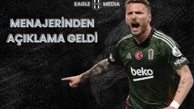 Beşiktaş formasıyla öfkeli şekilde işaret eden Ciro Immobile’nin yer aldığı görselde, “Menajerinden Açıklama Geldi” ifadesi dikkat çekiyor. Görsel, oyuncunun Beşiktaş’taki geleceğine dair yapılan net açıklamaya odaklanıyor.
