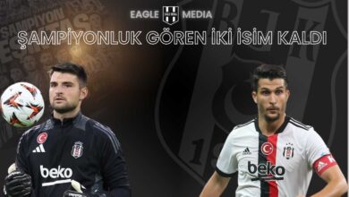 "Beşiktaşlı futbolcular Necip Uysal ve Ersin Destanoğlu’nun yer aldığı, 'Şampiyonluk Gören İki İsim Kaldı' başlıklı Eagle Media tasarımı. Arka planda Beşiktaş arması ve şampiyon kadrodan silüetler bulunuyor."