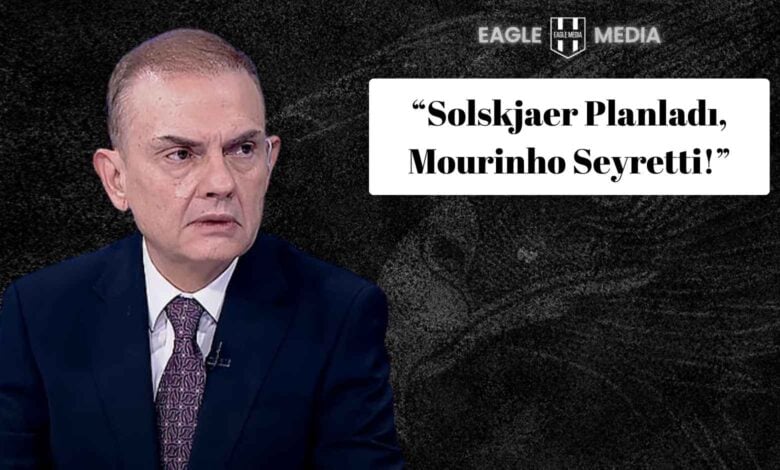 Spor yorumcusu Ercan Taner, koyu renk takım elbisesi ve desenli kravatıyla stüdyoda ciddi bir ifadeyle ekrana bakıyor. Arka planda koyu dokulu zemin üzerinde Eagle Media logosu yer alıyor. Yanında büyük puntolarla “Solskjaer Planladı, Mourinho Seyretti!” başlığı bulunuyor. Görsel, Taner’in Fenerbahçe-Beşiktaş derbisine dair köşe yazısını temsil ediyor.