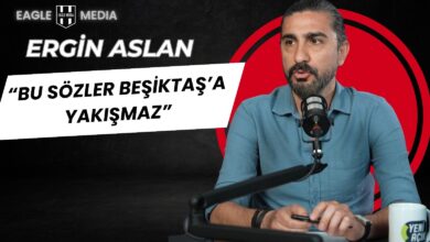 Ergin Aslan mikrofon başında Solskjaer’in açıklamalarını eleştiriyor; arka planda “Bu sözler Beşiktaş’a yakışmaz” yazılı grafik yer alıyor.