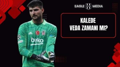 Beşiktaş formasıyla görüntülenen kaleci Ersin Destanoğlu, yeşil renkli kaleci kitiyle ekranda yer alıyor. Görselin sağ üst köşesinde Eagle Media logosu, sağ orta kısmında “Kalede Veda Zamanı mı?” ifadesi yer almakta. Görsel, Ersin’in olası Beşiktaş veda maçını temsil ediyor.