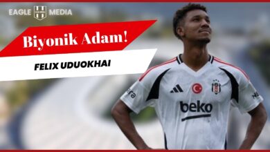 Beşiktaş formasıyla poz veren Felix Uduokhai'nin "Biyonik Adam" başlığıyla yer aldığı kapak görseli; üst kısımda Eagle Media logosu ve arka planda stadyum silueti yer alıyor.