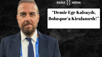 Spor yorumcusu Fırat Günayer, Rabona YouTube kanalında Demir Ege Tıknaz’ın Rio Ave’ye transferiyle ilgili açıklamalarda bulunuyor; görselde Günayer takım elbiseyle kamera karşısında ve yanında “Demir Ege kalsaydı, Boluspor’a kiralanırdı” ifadesi yer alıyor.