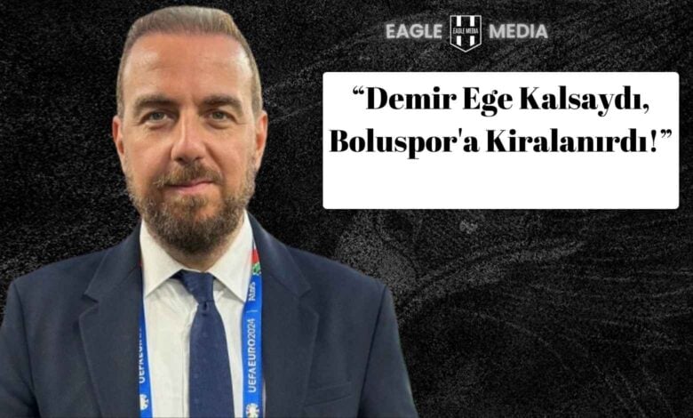 Spor yorumcusu Fırat Günayer, Rabona YouTube kanalında Demir Ege Tıknaz’ın Rio Ave’ye transferiyle ilgili açıklamalarda bulunuyor; görselde Günayer takım elbiseyle kamera karşısında ve yanında “Demir Ege kalsaydı, Boluspor’a kiralanırdı” ifadesi yer alıyor.