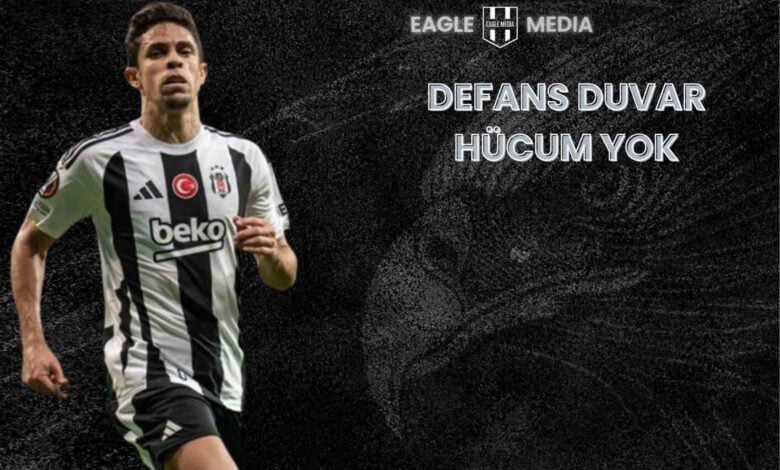 Beşiktaş formasıyla sahada koşan savunma oyuncusu Gabriel Paulista, arka planda kartal silüeti ve “Defans Duvar, Hücum Yok” başlığıyla Beşiktaş’ın 2024/25 sezonundaki hücum sorunlarına dair görsel.