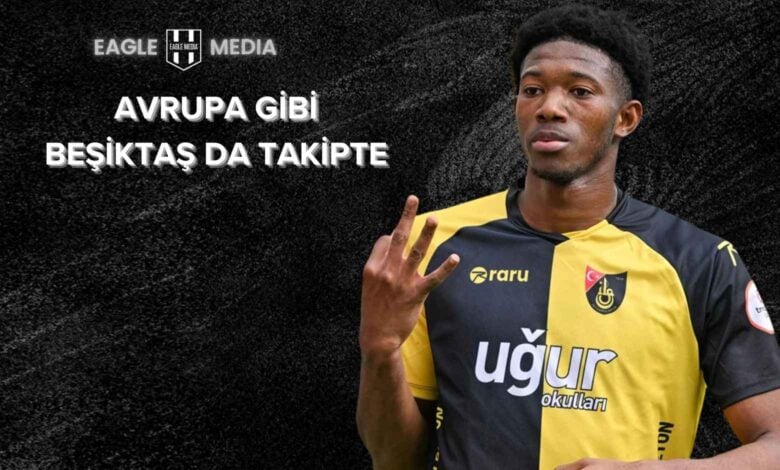 İstanbulspor formasıyla poz veren Gaoussou Kyassou Diarra, arka planda siyah zemin üzerinde “Avrupa Gibi Beşiktaş da Takipte” yazısıyla birlikte; genç oyuncunun transfer gündemini anlatan tematik görsel.