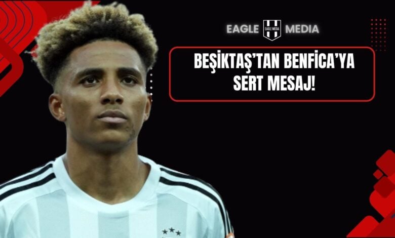 Gedson Fernandes’in Beşiktaş formasıyla çekilmiş bir fotoğrafı, arka planda siyah ağırlıklı grafik tasarım ve “Beşiktaş’tan Benfica’ya Sert Mesaj!” başlığı yer alıyor.