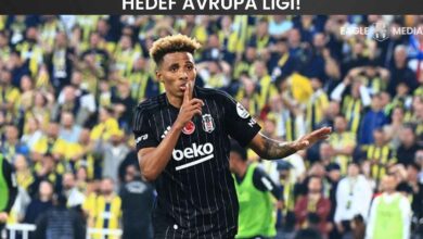 Beşiktaş formasıyla Fenerbahçe deplasmanında gol sevincini yaşayan Gedson Fernandes; arka planda sarı-lacivertli tribünler, üstte “Hedef Avrupa Ligi” yazısı ve Eagle Media logosu yer almakta.
