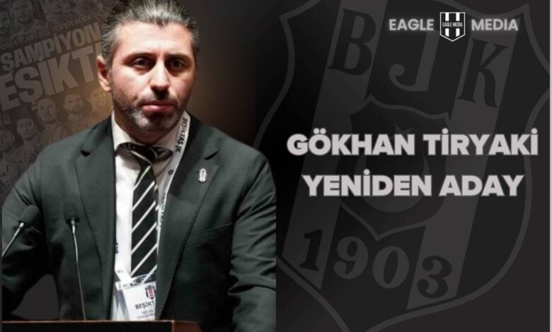Beşiktaş Denetim Kurulu Başkanı Gökhan Tiryaki mikrofon önünde konuşma yaparken görülüyor. Görselde “Gökhan Tiryaki Yeniden Aday” yazısı yer alıyor.