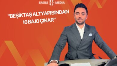 Gökmen Özcan, turuncu arka plan önünde takım elbiseyle oturuyor; görselde “Beşiktaş altyapısından 10 Bajo çıkar” sözleri yer alıyor.