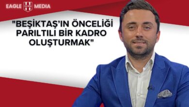 Gökmen Özcan, stüdyo ortamında mavi takım elbisesiyle; üstte “Beşiktaş’ın Önceliği Parıltılı Bir Kadro Oluşturmak” başlığı yer alıyor.