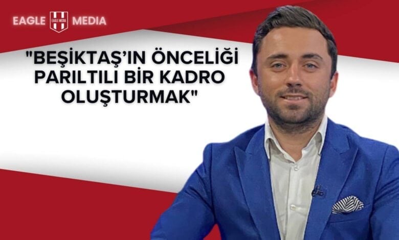 Gökmen Özcan, stüdyo ortamında mavi takım elbisesiyle; üstte “Beşiktaş’ın Önceliği Parıltılı Bir Kadro Oluşturmak” başlığı yer alıyor.