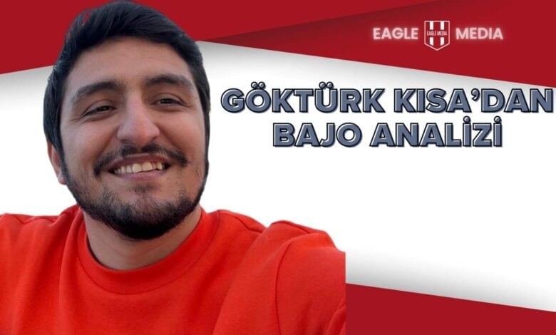 "Göktürk Kısa'nın gülümseyen portresinin yer aldığı, arka planda kırmızı-beyaz zemin ve üstünde 'Göktürk Kısa’dan Bajo Analizi' başlıklı Eagle Media tasarımı görsel."