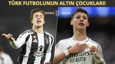 uventus formasıyla Kenan Yıldız ve Real Madrid formasıyla Arda Güler, Golden Boy 2025 aday listesine seçilen Türk futbolcular arasında yer alıyor. Üstte “Türk Futbolunun Altın Çocukları” yazısı ve Eagle Media logosu bulunuyor.