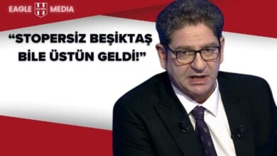 Spor yorumcusu Güntekin Onay, koyu renk takım elbisesi ve desenli mor kravatıyla stüdyo ortamında konuşurken görülüyor. Sağ üst köşede Eagle Media logosu, sol üstte ise kırmızı-beyaz zemin üzerine yerleştirilmiş “Stopersiz Beşiktaş bile üstün geldi!” başlığı yer alıyor. Görsel, Onay’ın Fenerbahçe–Beşiktaş derbisine ilişkin eleştirel analizini yansıtan haberin ana görselidir.
