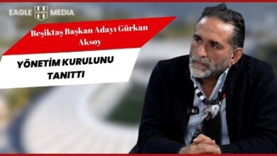 Beşiktaş başkan adayı Gürkan Aksoy basın toplantısında yönetim kurulunu tanıtıyor; üstte “Beşiktaş Başkan Adayı Gürkan Aksoy Yönetim Kurulunu Tanıttı” yazısı yer alıyor.