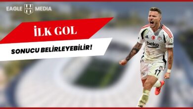 Beşiktaşlı futbolcu Ciro Immobile gol sevincini yaşarken; "İlk gol sonucu belirleyebilir" yazılı derbi temalı görsel.
