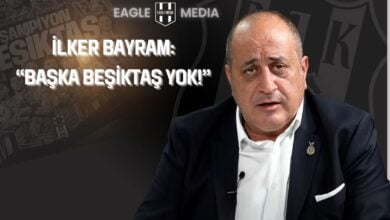 BEGİKAD Başkanı İlker Bayram, siyah arka planda Beşiktaş logosu önünde konuşurken, yanında "İlker Bayram: Başka Beşiktaş yok!" yazısı yer alıyor.