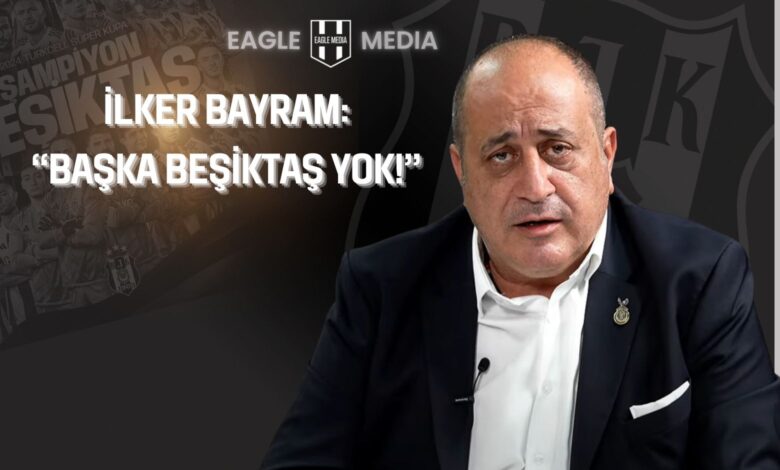 BEGİKAD Başkanı İlker Bayram, siyah arka planda Beşiktaş logosu önünde konuşurken, yanında "İlker Bayram: Başka Beşiktaş yok!" yazısı yer alıyor.