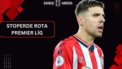 Southampton forması giyen Polonyalı stoper Jan Bednarek’in Premier Lig maçında çekilmiş, ağız açık odaklı yakın plan fotoğrafı. Görselde “Stoperde Rota Premier Lig” yazısı ve Eagle Media logosu yer alıyor.