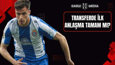 Siyah arka plan üzerinde Espanyol forması giyen Javi Puado’nun yer aldığı görsel; sağ üstte Eagle Media logosu ve “Transferde İlk Anlaşma Tamam mı?” başlığı ile hazırlanmış kapak tasarımı.