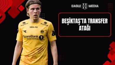 Siyah arka plan üzerinde Bodø/Glimt forması giyen Jens Petter Hauge’nin yer aldığı görsel; sağ üstte Eagle Media logosu ve “Beşiktaş’ta Transfer Atağı” başlığı ile hazırlanmış kapak görseli.
