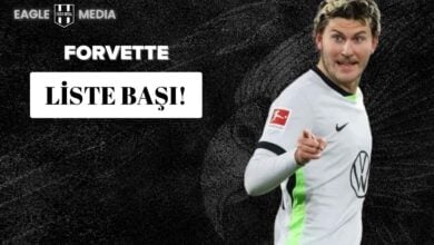 Wolfsburg formasıyla Jonas Wind, parmağıyla işaret ederek sevincini gösteriyor. Arka planda Beşiktaş arması silüet halinde yer alırken, “Forvette Liste Başı!” yazısı dikkat çekiyor. Görsel, Beşiktaş’ın Danimarkalı forveti transfer listesinin ilk sırasına aldığı haberiyle ilişkilendirilmiştir.
