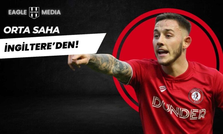 Josh Brownhill kırmızı Bristol City formasıyla sahada elini uzatmış; üst tarafta “Orta Saha İngiltere’den!” başlığı yer alıyor.