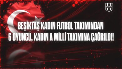 Türk bayrağı fonunda "Beşiktaş Kadın Futbol Takımından 6 Oyuncu, Kadın A Milli Takımına Çağrıldı!" yazısı yer alıyor. Görselin sağ üst köşesinde Eagle Media logosu bulunuyor. Görsel, Beşiktaş JK United Payment Kadın Futbol Takımı'ndan Ezgi Çağlar, Didem Karagenç, Kezban Tağ, İlayda Civelek, Meryem Cennet Çal ve Elif Keskin'in Türkiye Kadın A Milli Futbol Takımı aday kadrosuna seçildiği haberi için hazırlanmıştır.
