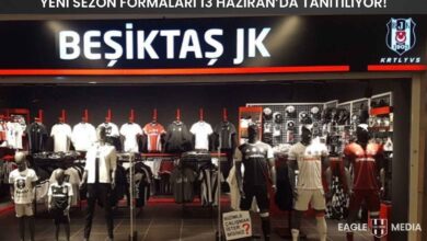 Kartal Yuvası mağazasında siyah, beyaz ve kırmızı Beşiktaş formalarının sergilendiği vitrin yer alıyor. Üstte “Yeni Sezon Formaları 13 Haziran’da Tanıtılıyor!” yazısı ve sağ altta Eagle Media logosu bulunuyor.