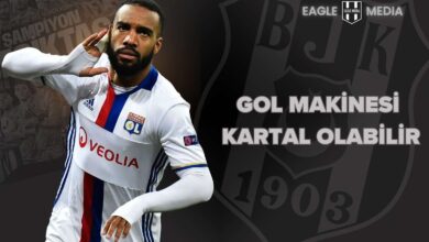 Olympique Lyon forması giyen Alexandre Lacazette, gol sevincini kutlarken. Görselde “Gol Makinesi Kartal Olabilir” yazısı ve Beşiktaş logosu arka planda yer alıyor.