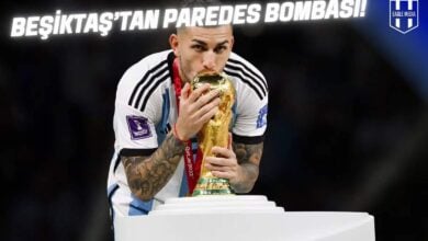 Dünya Kupası kupasını öpen Arjantinli futbolcu Leandro Paredes, mavi-beyaz milli forma içinde görülüyor. Üstte “Beşiktaş’tan Paredes bombası!” başlığı ve Eagle Media logosu yer alıyor.