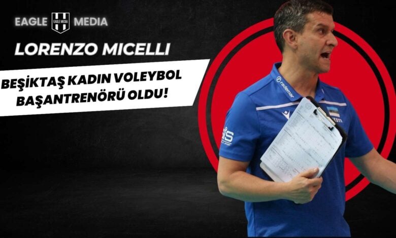 "Mavi tişörtüyle elinde taktik kağıdı tutan Lorenzo Micelli’nin konuşma anı. Arka planda siyah-kırmızı zemin ve 'Beşiktaş Kadın Voleybol Başantrenörü Oldu!' başlıklı Eagle Media tasarımı görsel."