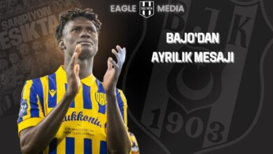 Sarı-lacivert formasıyla veda ederken görüntülenen Mahamudu Bajo'nun ön planda yer aldığı, arka planda ise Beşiktaş logosu ve “Şampiyon Beşiktaş” yazılı bir görsel.