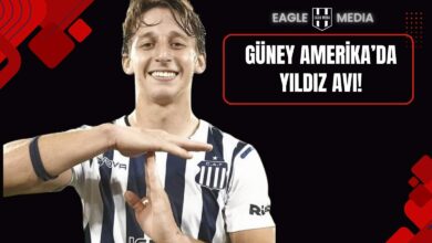 Talleres forması giyen Paraguaylı orta saha oyuncusu Matías Galarza Fonda’nın gol sevinci yaparken gülümsediği bir kare. Arka planda “Güney Amerika’da Yıldız Avı!” başlığı ve Eagle Media logosu yer almakta.
