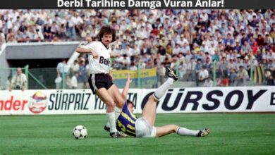 Beşiktaş ile Fenerbahçe arasında oynanan eski bir derbi maçta, siyah-beyazlı futbolcu Metin Tekin’in Fenerbahçeli rakibini çalımladığı tarihi an.
