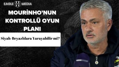 Fenerbahçe Teknik Direktörü Jose Mourinho'nun Beşiktaş derbisi öncesi kontrollü oyun planını anlatan haber görseli. Sol üstte "Eagle Media" logosu, ortada "Mourinho’nun Kontrollü Oyun Planı" yazısı ve altında “Siyah-Beyazlılara Yarayabilir mi?” sorusu yer alıyor. Sağ tarafta Mourinho'nun mikrofon karşısındaki görseli bulunuyor.
