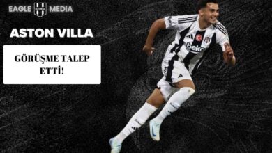 Siyah zemin üzerinde Beşiktaş forması giyen Mustafa Hekimoğlu’nun gol sevinci yaptığı görsel; üst bölümde Eagle Media logosu ve “Aston Villa Görüşme Talep Etti!” başlığı ile hazırlanmış kapak görseli.
