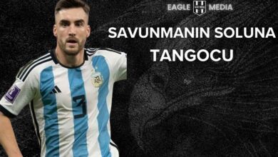 Arjantin Milli Takımı formasıyla Nicolas Tagliafico, Beşiktaş’ın transfer hedefinde yer alan sol bek oyuncusu. Arka planda “Savunmanın Soluna Tangocu” yazısı ve Eagle Media logosu bulunuyor.
