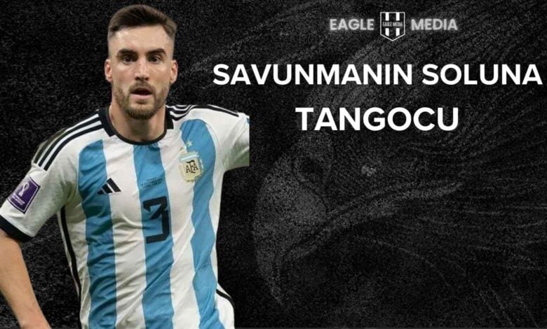 Arjantin Milli Takımı formasıyla Nicolas Tagliafico, Beşiktaş’ın transfer hedefinde yer alan sol bek oyuncusu. Arka planda “Savunmanın Soluna Tangocu” yazısı ve Eagle Media logosu bulunuyor.