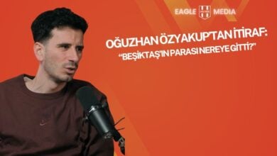 Oğuzhan Özyakup, Beşiktaş yönetiminin transfer ve mali politikalarını eleştiriyor. Kırmızı arka planlı görselde mikrofon başında konuşan Özyakup’un yanında "Oğuzhan Özyakup’tan İtiraf: Beşiktaş’ın Parası Nereye Gitti?" yazısı yer alıyor.