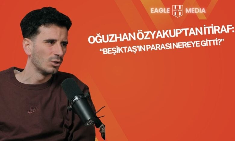 Oğuzhan Özyakup, Beşiktaş yönetiminin transfer ve mali politikalarını eleştiriyor. Kırmızı arka planlı görselde mikrofon başında konuşan Özyakup’un yanında "Oğuzhan Özyakup’tan İtiraf: Beşiktaş’ın Parası Nereye Gitti?" yazısı yer alıyor.