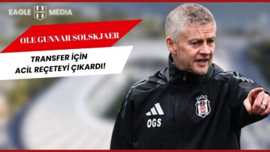 Beşiktaş Teknik Direktörü Ole Gunnar Solskjaer’in siyah idman kıyafetleriyle kameralara yansıdığı ve parmakla yön gösterdiği kare. Üstte “Transfer için acil reçeteyi çıkardı!” başlığı yer almakta. Arka planda bulanık bir stadyum silueti görülüyor.