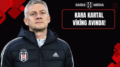 Beşiktaş montu giymiş Ole Gunnar Solskjaer düşünceli bakarken, sağ üstte “Kara Kartal Viking Avında!” yazısı ve Eagle Media logosu yer alıyor. Kırmızı-siyah tasarımla desteklenmiş dinamik bir arka plan kullanılmış.
