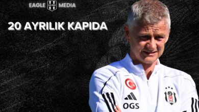 Beşiktaş teknik direktörü Ole Gunnar Solskjaer, siyah arka plan önünde düşünceli bir ifadeyle poz veriyor. Üst kısımda “20 Ayrılık Kapıda” başlığı ve Eagle Media logosu yer alıyor.