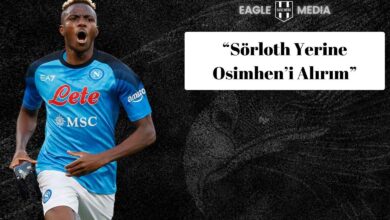 Napoli forması giyen Victor Osimhen’in gol sevinci yaptığı görsel; sağ üstte Eagle Media logosu ve “Sörloth Yerine Osimhen’i Alırım” başlığı bulunan kapak tasarımı.