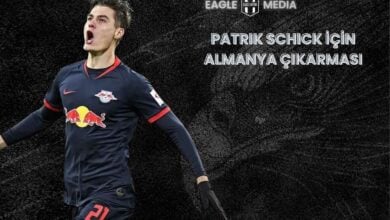 "Beşiktaş’ın transfer hedefindeki Bayer Leverkusenli futbolcu Patrik Schick’in Almanya’da oynarken çekilmiş gol sevinci fotoğrafı. Arka planda Eagle Media logosu ve 'Patrik Schick için Almanya Çıkarması' başlığı yer alıyor."
