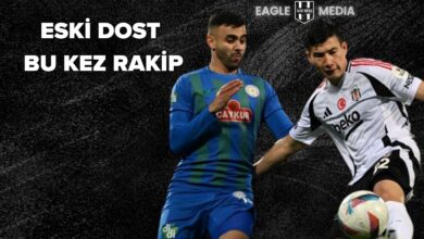 Beşiktaşlı eski futbolcu Rachid Ghezzal, Çaykur Rizespor formasıyla eski takımı Beşiktaş'a karşı mücadele ederken; siyah-beyazlı oyuncuyla ikili mücadele anı.