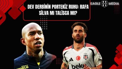 Siyah arka plan üzerinde Fenerbahçeli Anderson Talisca ve Beşiktaşlı Rafa Silva yan yana yer alıyor. Üstte büyük puntolarla “Dev Derbinin Portekiz Ruhu: Rafa Silva mı Talisca mı?” başlığı ve Eagle Media logosu dikkat çekiyor.