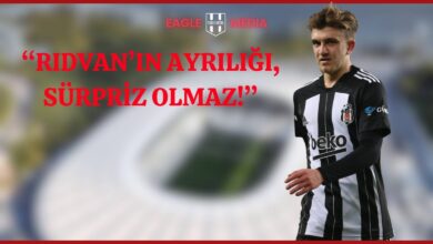 Beşiktaş formasıyla görüntülenen Rıdvan Yılmaz’ın yer aldığı, arka planda stadyum bulanıklaştırılmış şekilde sunulan Eagle Media görseli. Üst kısımda kırmızı harflerle “Rıdvan’ın Ayrılığı, Sürpriz Olmaz!” ifadesi yer alıyor.